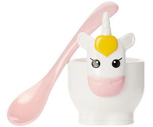 Joie MSC Lot de 1 coquetiers et cuillères à motif licorne blanche et rose, en plastique sans BPA