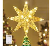JOIEDOMI Pointe de Sapin de Noël en Métal Glitzer de 10 Pouces avec LED 8 Pointes, 20 LED avec Lumières Blanc Chaud, Pointe de Sapin Dorée, Fonctionnée par Piles pour Décorations de Sapin de Noël