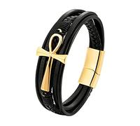 Joielavie 21CM Bracelet Egyptien Ankh Croix de Vie Or Boucle Magnétique Multi Rangs Tissé Cuir Véritable Acier Inoxydable Vintage Bijoux