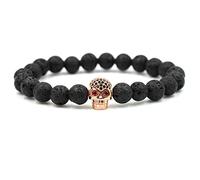 Joielavie Bracelet Tête de Mort Crâne Yeux Rouge Diamant Simulé Zircon Pierre Volcanique Boule Perle Lava Élastique Chaîne de Main Bijoux Punk Rock Couple Amour Cadeau Homme Femme - Or Rose
