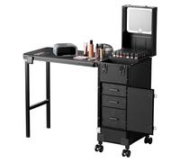 Joiemebi Table de Manucure Portable à roulettes 3 Tiroirs, Miroir LED, Organiseur, Trousse de Maquillage Voyage Verrouillable pour Technicien en Ongles, Poste de Travail, 71 x 38 x 109.5 cm