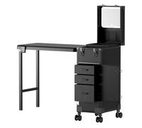 Joiemebi Table de Manucure Portable à roulettes avec 3 Tiroirs, Miroir LED et Organiseur, Trousse de Maquillage Voyage Verrouillable pour Technicien en Ongles, Poste de Travail, Noir