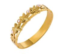 Joievieive 10MM Bracelet Manchette Étoile et Perles en Acier Inoxydable Doré Ouverture Pratique Bijou Femme