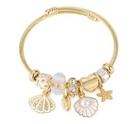 Joievieive Bracelet Pendentif Coquillage Étoile de Mer Perle Zircon Jonc Breloque Câble Réglable Acier Inoxydable Doré Bijou Marin Femme