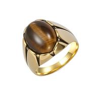 Joievievie Bague Chevalière Homme Ovale en Oeil de Tigre Pierre Naturelle Acier Inoxydable Doré Bijou Géométrique Rétro Taille 67