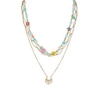 Joievievie Collier Triple Superposition Turquoise Perle Fleur Colorée Lune Acier Inoxydable Or 18K Collier Bohème Multirangs Bijou Femme