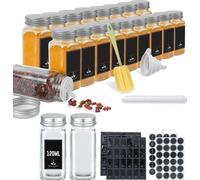 JOIEYOU Bocaux à épices carrés 24 pièces 120ml Bocaux à épices en verre avec saupoudreuse, étiquettes étanches, entonnoir, brosse de nettoyage Bocaux à épices pour accessoires de cuisine, couvercle en