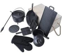 JOIEYOU Dutch Oven Set dans une caisse en bois 12 pièces Set de casseroles en fonte avec Dutch Oven et beaucoup d'accessoires, Sauteuse Plaque de gril Poêle Levier de couvercle et dessous de plat pour