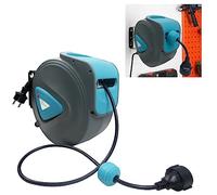 JOIEYOU Enrouleur de Câble Automatique 20m Outdoor Indoor, Enrouleur de Protection Contre la Surchauffe avec Support Pivotant à 180°, Butée Réglable, pour Atelier Jardin Usine, Gris + Bleu