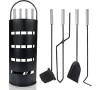 JOIEYOU Ensemble de cheminée noir 5 pièces moderne Ensemble de cheminée en acier inoxydable Accessoires pour poêle à bois avec support, pelle à cendres, balai, tisonnier, pince - Noir