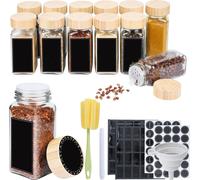 JOIEYOU Ménage Bocaux à épices Set de 12 pièces de saupoudreuses à épices avec couvercle en bois 120ml Récipient à épices avec entonnoir pliable, autocollants, brosse de nettoyage & stylo marqueur Boî