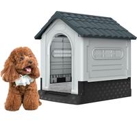 JOIEYOU Niche pour chien Outdoor Grotte pour chien Maison pour chien avec porte et lucarnes Etanche & résistante aux UV Extérieur Maison en plastique pour animaux domestiques Gris,65x56,5x67cm