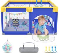 JOIEYOU Parc bébé Parc bébé 127x127cm Baby Playpen avec 50 balles de jeu, 1 parc d'éveil et 4 anneaux de traction Enfants Parc portable Petit parc, Bleu animal