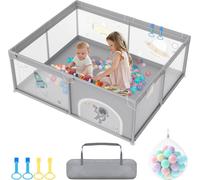 JOIEYOU Parc bébé Parc bébé 150x180cm Baby Playpen avec 50 balles de jeu, 1 parc d'éveil et 4 anneaux de traction Enfants Parc portable Petit parc, Gris Spatial