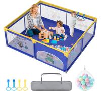 JOIEYOU Parc bébé Parc bébé 180x200cm Baby Playpen avec 50 balles de jeu, 1 parc d'éveil et 4 anneaux de traction Enfants Parc portable Petit parc, Bleu animal