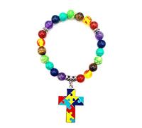 Joiigaem Bracelet élastique de sensibilisation à l'autisme avec 7 perles chakra colorées en forme de cœur et de croix - Cadeau idéal pour les enseignants d'autisme et les personnes autistes, 7.28inch