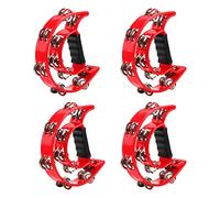 JOIKIT Lot de 4 tambourins en demi lune à double rangée rouge avec grelots en métal à double rangée, tambourins à main pour musiciens, chanteurs et groupes