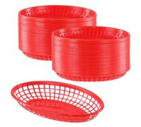 JOIKIT Lot de 60 paniers de service ovales en plastique réutilisables, panier de restauration rapide pour frites, hamburgers, hot-dogs - Rouge - 23 x 14,5 x 4 cm