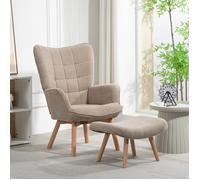 JOINERY fauteuil bergère relax avec repose pieds dossier haut polyester aspect velours côtelé pieds en bois khaki salon