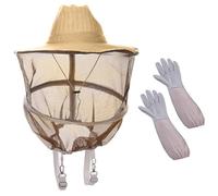 JOINPAYA Chapeau à Voile d'Apiculteur Léger en Coton et Paille Côtés en Maille Respirante et Moufles Longues en Peau de Mouton pour Apiculture Estivale, Protection Piqûres