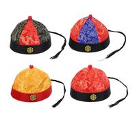 JOINPAYA Chapeau Ancien Chinois Dynastie Qing avec Tresse, Bonnet D'empereur pour Costume de Roi, Taille 9 Adulte Grand Tour de Tête, Couleurs Rouge-bleu, Rouge-noir, Jaune Bord Rouge,