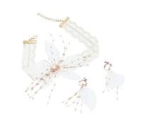 JOINPAYA Ensemble de Bijoux Mariage Blanc Dentelle Collier Ras-de-Cou Fleuri et Boucles d'Oreilles Pendantes à Perles Accessoire Élégant pour Robe de Mariée et Occasions Spéciales