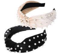 JOINPAYA Lot de 2 Bandeaux Noués en Velours Doré Ornés de Perles, Accessoires pour Cheveux Femmes, Couleurs Noir et Beige, Serrage-têtes Fantaisie pour Fête et Usage Quotidien, Charme