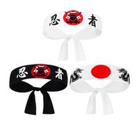 JOINPAYA Lot de 3 Bandeaux Japonerie Samouraï en Polyester Taille Unique Couleur Noire Bandeaux d'Entraînement Karaté Ninja Polyvalents pour Sport Cosplay et Usage Quotidien