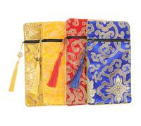 JOINPAYA Lot de 4 Pochettes Bouddhistes en Brocart Double Couche 10X19 CM Paquet de Rangement Zippé pour Textes et Bijoux Motifs Dragon et Fleurs Style Ethnique Bleu Jaune et Rouge