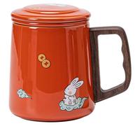 JOINPAYA Mug à Thé en Céramique avec Infuseur Filtre, Poignée Bois Anti-brûlure, Couvercle, Motif Lapin Rouge Grenat, Tasse de Bureau et Voyage pour Infusion de Thé en Vrac, 1 Pièce