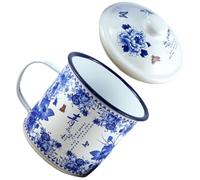 JOINPAYA Mug en Émail Rétro 500 Ml, Tasse à Café Couvercle, Diamètre 9 Cm, Tasse à Thé Épaisse et Solide, pour Camping et Bureau, Mug Émaillé Bleu Blanc Multifonctionnel