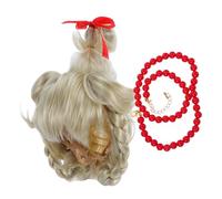 JOINPAYA Perruque Blonde Longue Tressée avec Nœud Rouge et Collier pour Halloween et Noël Accessoires de Coiffure pour Filles
