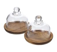 JOINPAYA Présentoir à Gâteaux Lot de 2 Pièces en Bois D'acacia avec Dôme en Verre Marron Plateau Rond Robuste et Élégant pour Fêtes et Maison