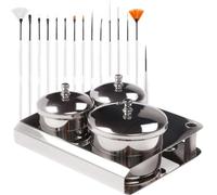 JOINPAYA Set 18 Pièces pour Nail Art Comprenant 3 Bonbonnières en Acier Inoxydable Couvercles, 15 Pinceaux de Manucure, Pot de Rangement Compact et Solide pour Mélanger Vernis et Poudres,