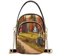 Joitme Sac à main matelassé pour femme avec sangle en chaîne pour téléphone, sac à main imprimé fermeture éclair, sac à bandoulière vintage pour femme, imprimé ferme, automne, campagne 15 x 8 x 21 cm