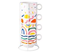 jojofuny Ensemble de 4 Mugs Empilables en Céramique 200 Ml Support de Rangement Tasses Géométriques à Rayures pour Café et Thé la Cuisine et Bureau