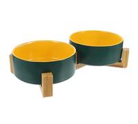 jojofuny Gamelle Double Céramique Bicolore avec Support Bois pour Chat et Chien Bol Eau et Nourriture Design Facile à Nettoyer Capacité Adaptée Aux Petits Animaux