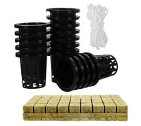 jojofuny Kit de Culture Hydroponique 20 Paniers de Plantation 30X30X40Mm en Filet 36 Blocs de Laine de Roche et 20 Mètres de Corde en Coton Auto-Arrosage pour Semis Jardinage et