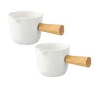 jojofuny Lot de 2 Mini Pichets à Lait en Porcelaine Blanche Manche en Bois Pichet à Café et Sauce Compact Multifonction pour Expresso Sirop et Condiments Ustensiles de Cuisine