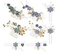 jojofuny Lot de 2 set de Peignes à Cheveux Fleuris Bleu Clair Rose et Blanc Accessoires de Coiffure pour Mariage Fourchettes à Chignon Vintage pour Femmes Kit 4 Pièces Décoratif