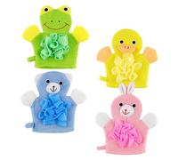 jojofuny Lot de 4 Moufles Exfoliants pour Garçon et Filles Motifs Dessins Animés Moufles de Doux en Tissu Taille Garçon et Filles Couleurs Jaune Canard Vert Grenouille Rose Lapin