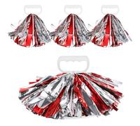 jojofuny Lot de 4 Pompons de Pom-Pom Girl Rouges et Argentés en PE Anneaux Quatre Doigts pour Prise Accessoires pour Entraînement et Événements Sportifs Cheerleading