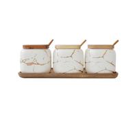 jojofuny Set de Pots à Condiments Céramique Marbrée Nordique avec Cuillères Couvercles et Plateau Rangement Épices Hermétique pour Cuisine Compact et Antidérapant