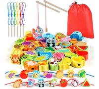 Jojoin - 2 en 1 Jouet Montessori de Pêche en Bois Magnétique | Fruit Légume Animal Perles en Bois (46 PCS) - Jouets Puzzle Jeu éducatif pour Enfants Cadeau Pâques 3 4 5 6 7 Ans