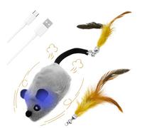 Jokapy Jouet électrique pour chat - Souris de jeu électrique - Avec clochette - Lumière LED - Queue en plumes - Bruit - Rechargeable par USB - Jouet interactif - Gris