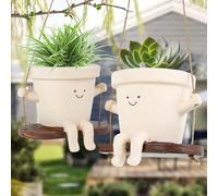 Jokapy Lot de 2 pots de fleurs suspendus avec visage, balançoire, trou de drainage, drôles, décoration suspendue, pour plantes succulentes, crème