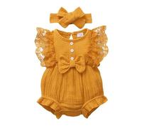 JokeLomple Barboteuse en Dentelle pour bébé Fille, sans Manches, à Volants, avec nœud décoré, Combinaison Body avec Bandeau, vêtements pour Nouveau-né
