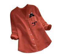 JokeLomple Décontracté Chat Chemise Hauts Bouton Long Coton Femmes vers Le Bas Lin Manches imprimé Blouse Femmes Blouse Chemisier Petite Fille