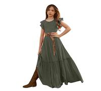 JokeLomple Robe Enfant Fillette de Bas Age - Ete Mi Longue à Volants Robe Manches Courtes d'été en Denim Robe Robe Coktail Bleu pour Mariage et Fête Robe Casual Plissée 5-16 Ans