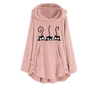 JokeLomple Womens Top Plus Blouse Chat Bouton Polaire Taille Pull Chaud À Capuche Blouse Femme Polaire Chaude Long